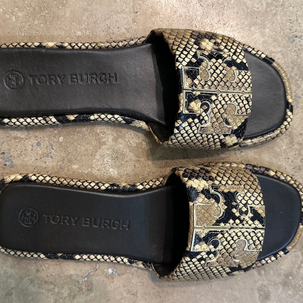 Tory Burch Black and Tan Snake Print Sandals